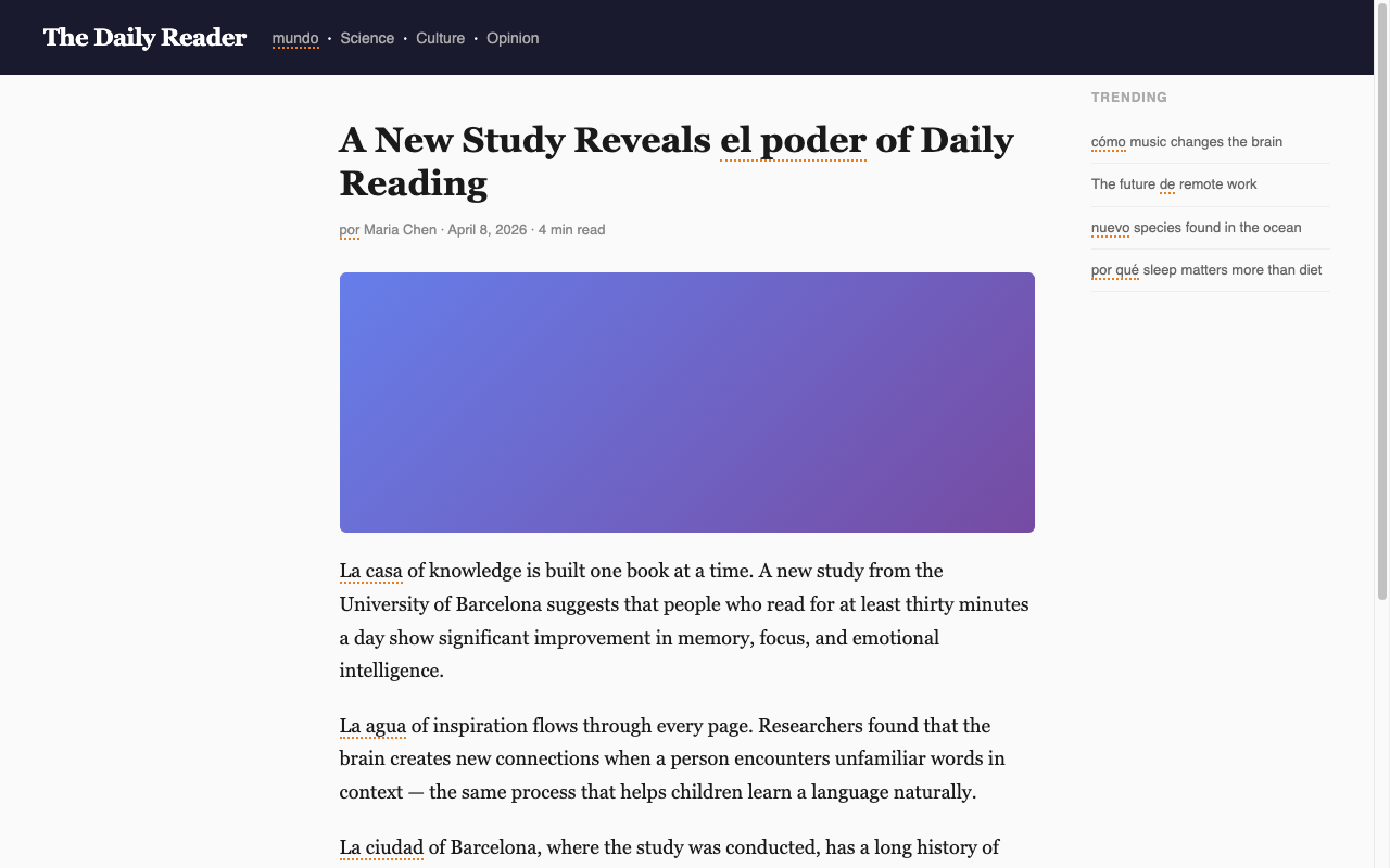 Reddit page with Spanish words replacing English words inline