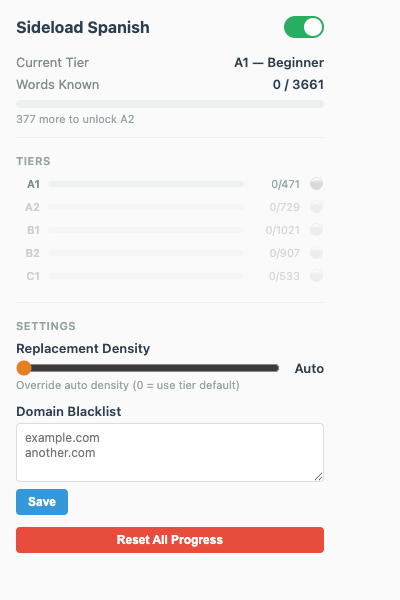 Extension popup showing vocabulary progress across difficulty tiers